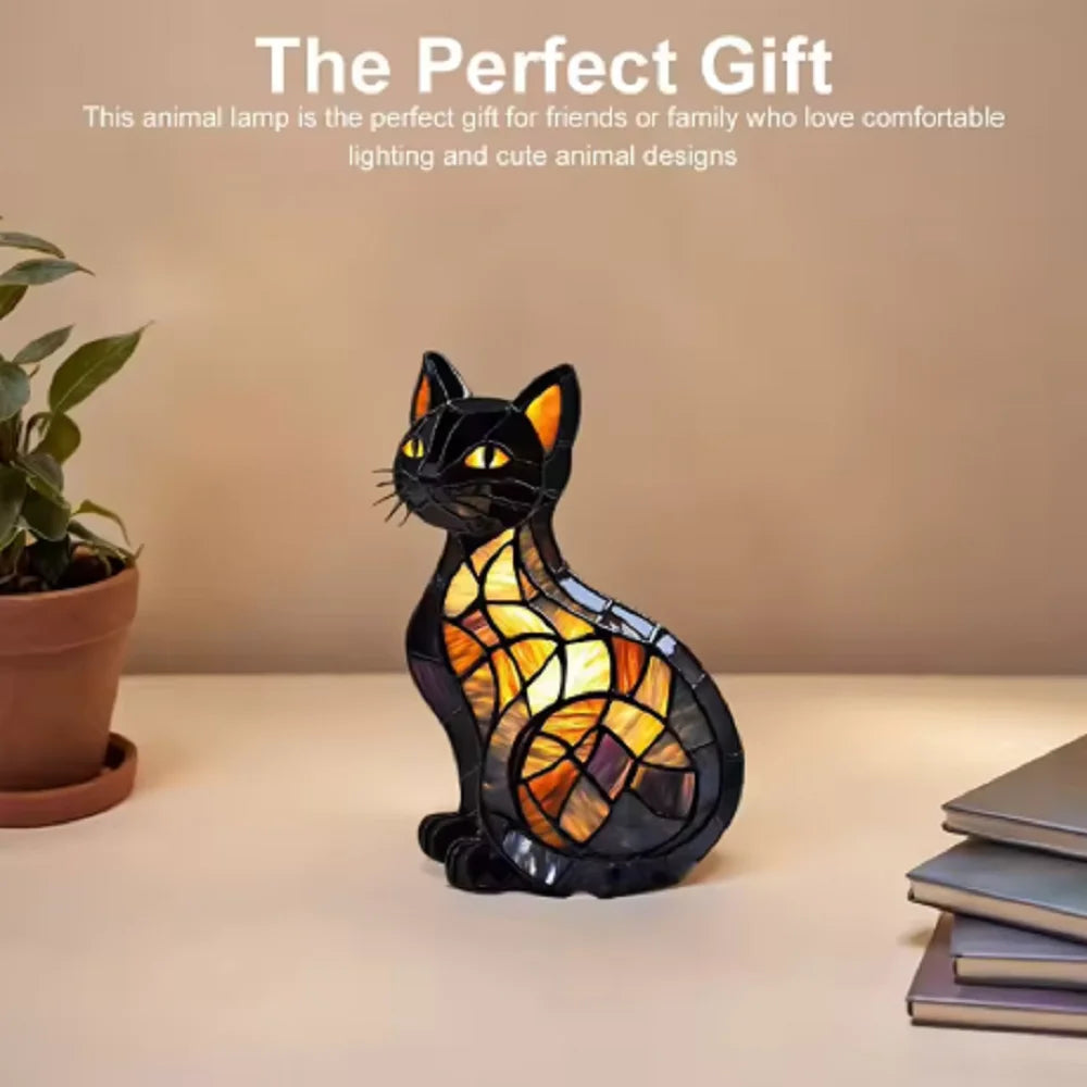 Stained Glass Cat LED Night Light – Color-Changing Resin Lamp