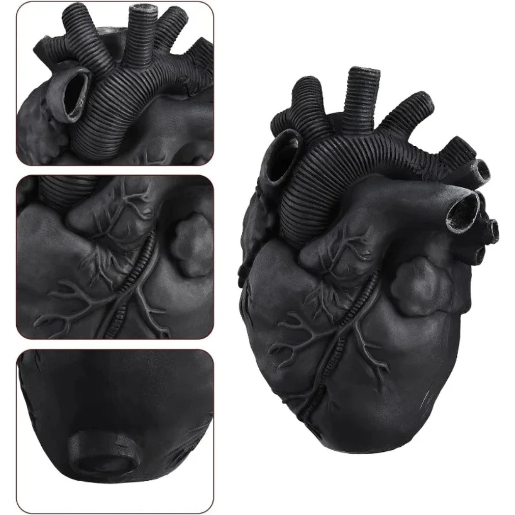 Black Anatomical Heart Vase | Resin Halloween Home Decor