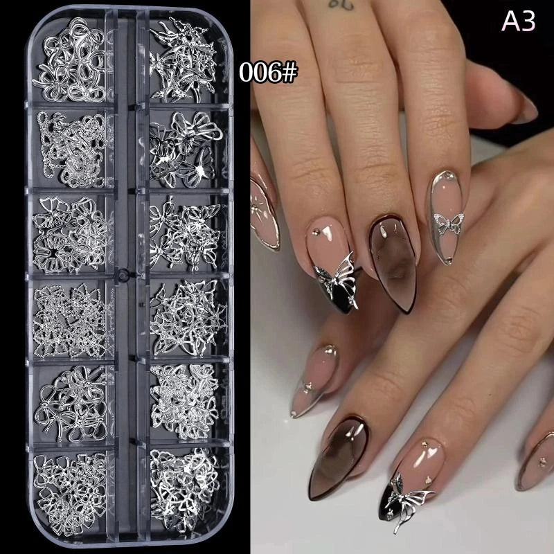 3D Nail Charms Set – Punk Rivets, Bows & Rhinestones, 12 Grid