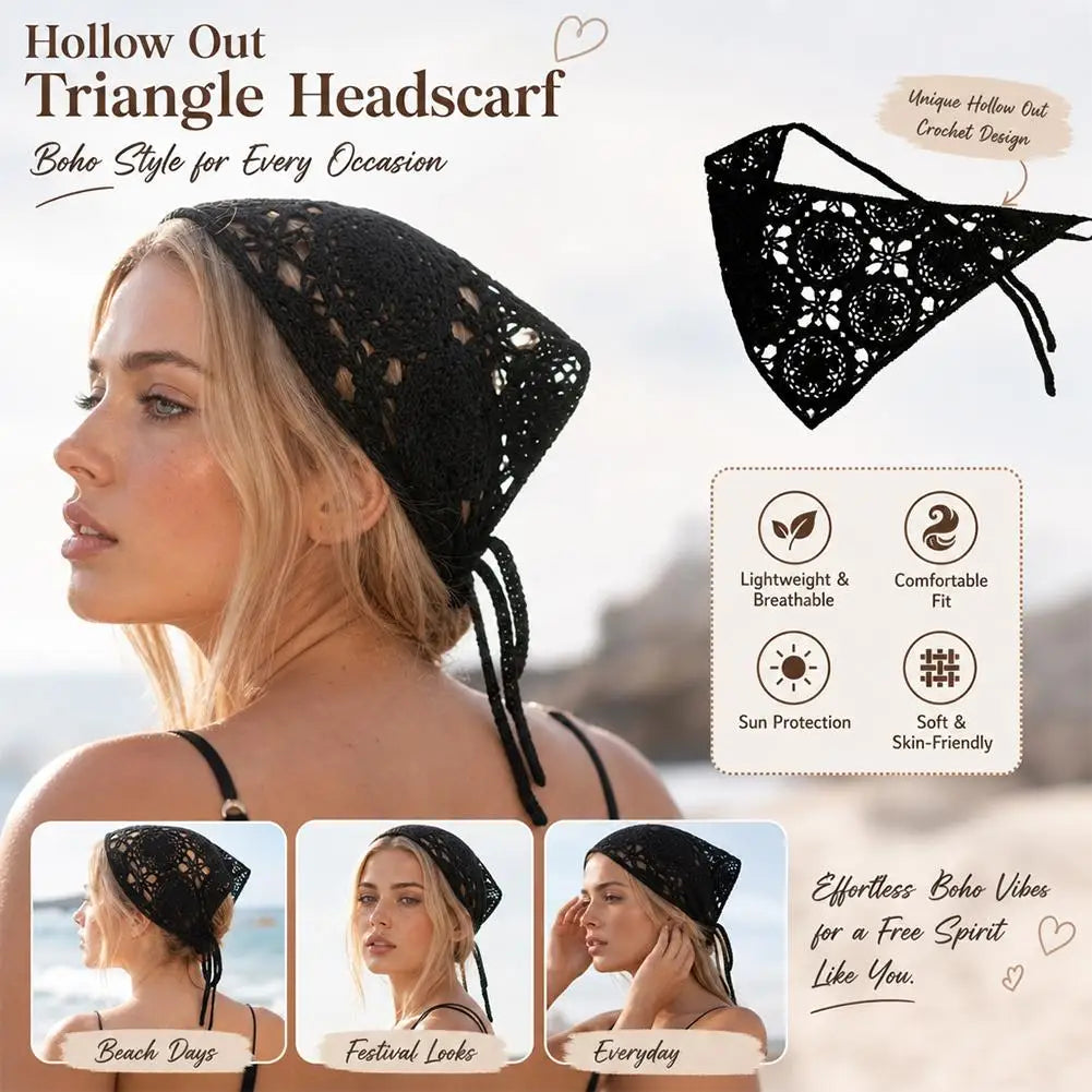 French Hollow Triangle Headband Towel For Women Beige Crochet Headbands Bandana Summer Travel Literary Photo Hair Scarf Bands Peaceful Pleasures Health and Wellness