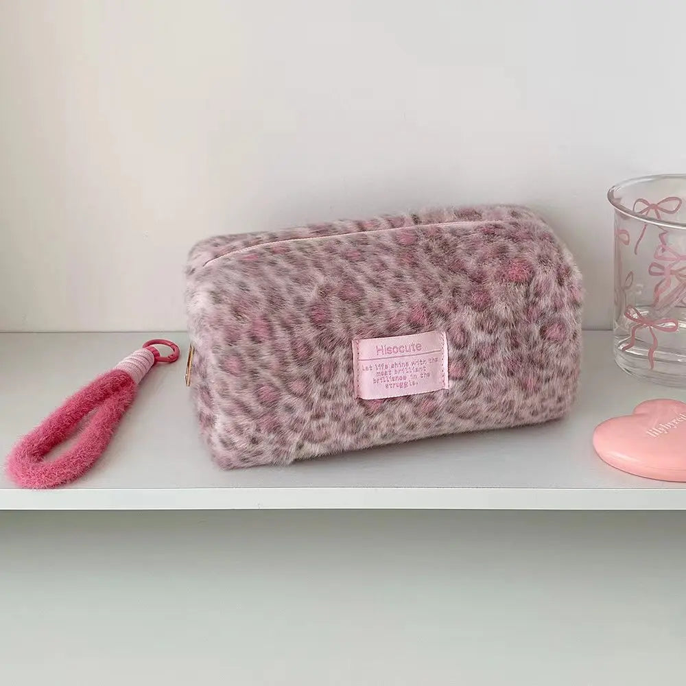 Plush Leopard Print Makeup Bag Student Portable Stationery Pencil