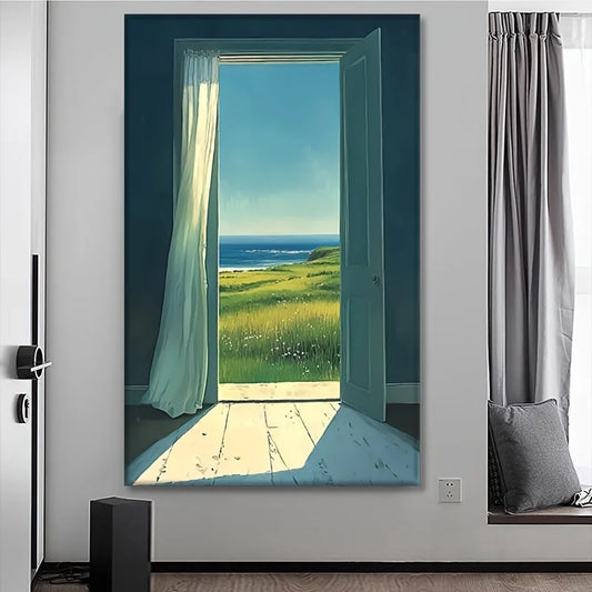 Frameless Seascape Canvas Wall Art | Green Grass Seaside Mural Canvas Wall Art Peaceful Pleasures Health and Wellness ZLH4853 90x130cm No Frame