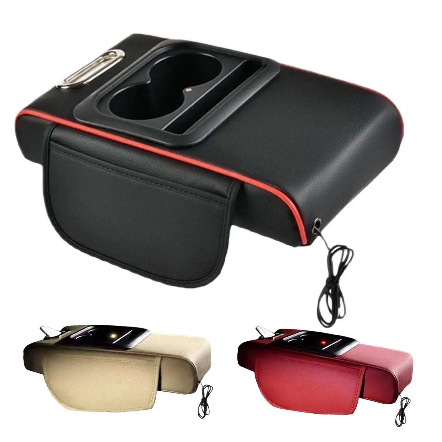 Car Console Armrest Cushion Organizer with Cup Holders & Lighting
