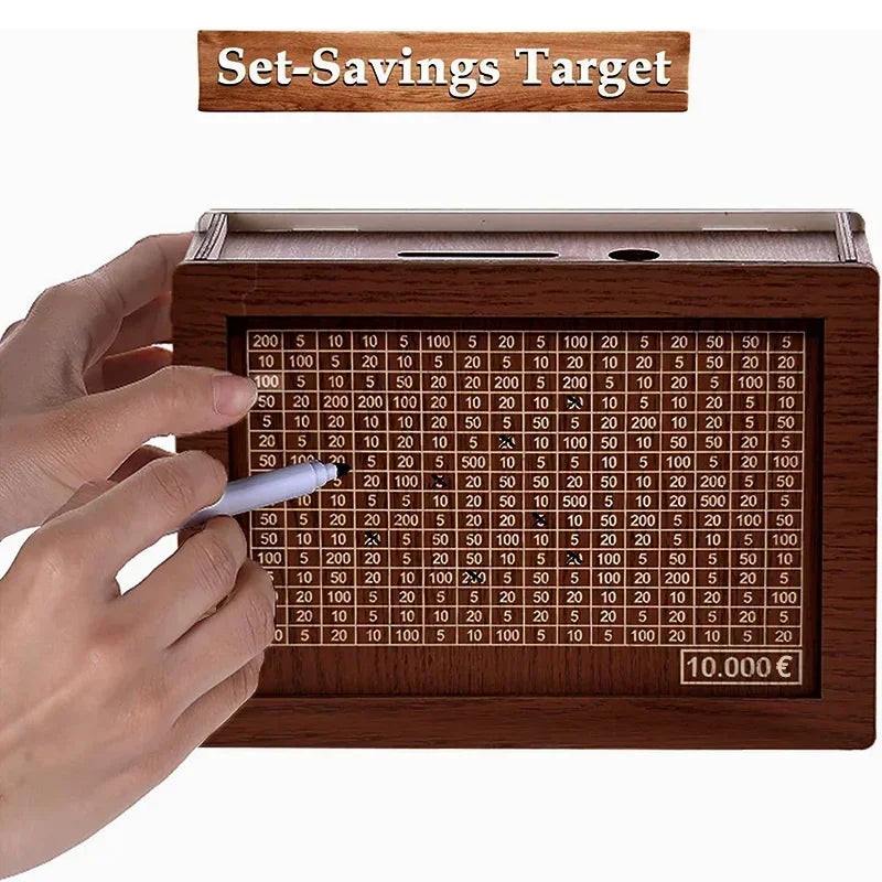 Wooden 10,000 Savings Challenge Box | Money Goal Piggy Bank