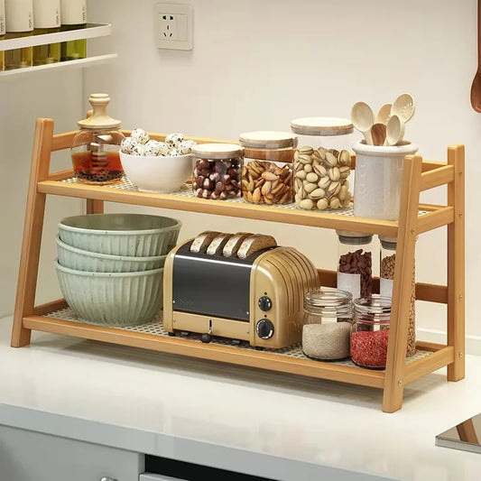 2 Layer Spice Caddy Shelf Bamboo Kitchen Storage Rack Desktop Cabinet Organizer Display Rack Coffee Bar Counter Shelf Cup Holder Peaceful Pleasures Health and Wellness