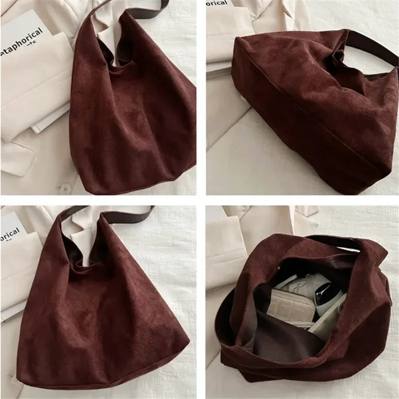 Large-capacity Retro Matte Handbag for Women New Autumn and Winter Suede Single-shoulder Bag New and High-end Commuter Tote Bag Peaceful Pleasures Health and Wellness
