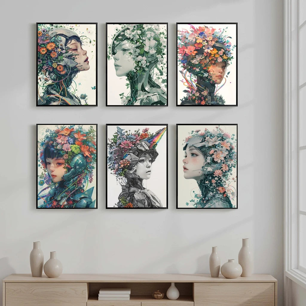Nordic Robot Girl & Flowers Canvas Wall Art | Modern Poster Print Canvas Wall Art Print Peaceful Pleasures Health and Wellness