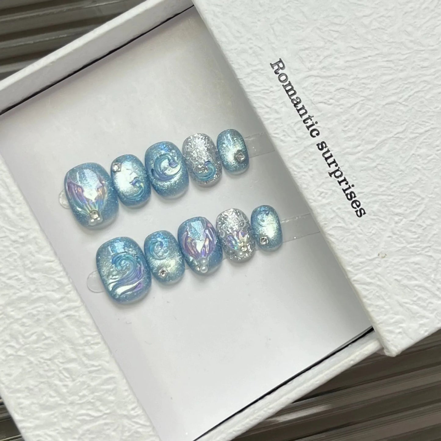 10pcs Handmade Press On Nails Cute Starfish Cat's Eye Aurora Fake Nail Tips Wearable Fantasy Mermaid Short Square False Nails Peaceful Pleasures Health and Wellness