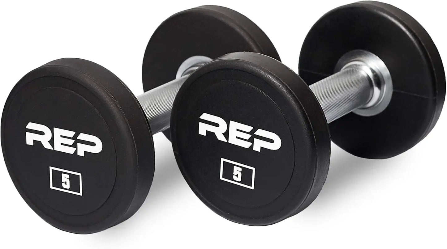 Pair of black dumbbells with 'REP' branding on a white background