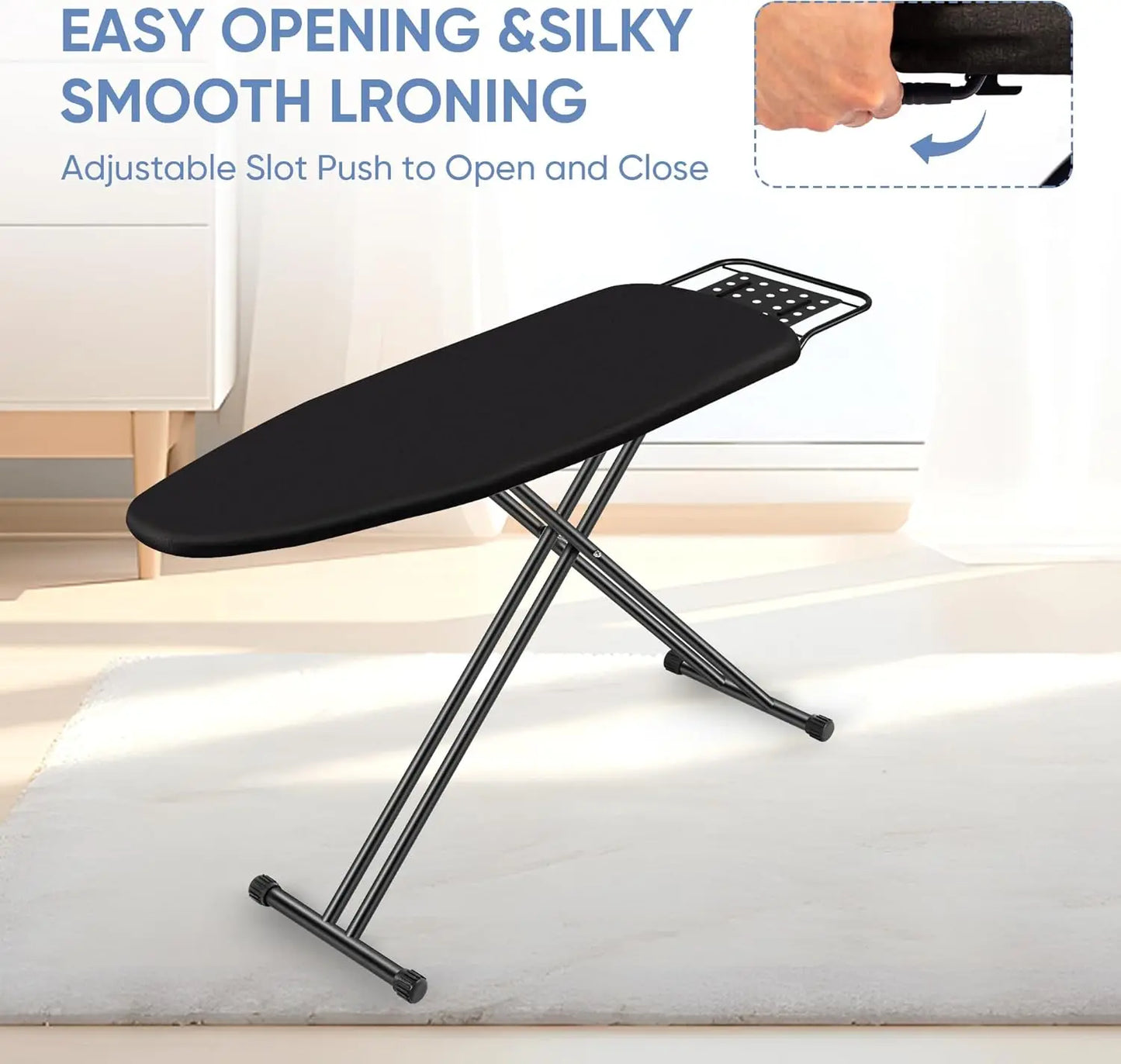 Black ironing board with adjustable legs on a white background
