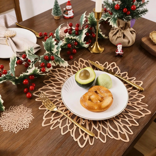 4/6 Pack 38CM/10CM Gold Floral Leaf Hollow Out Placemats Vinyl Kitchen Dinning Table Place Mats Wedding Party Washable Decor Peaceful Pleasures Health and Wellness