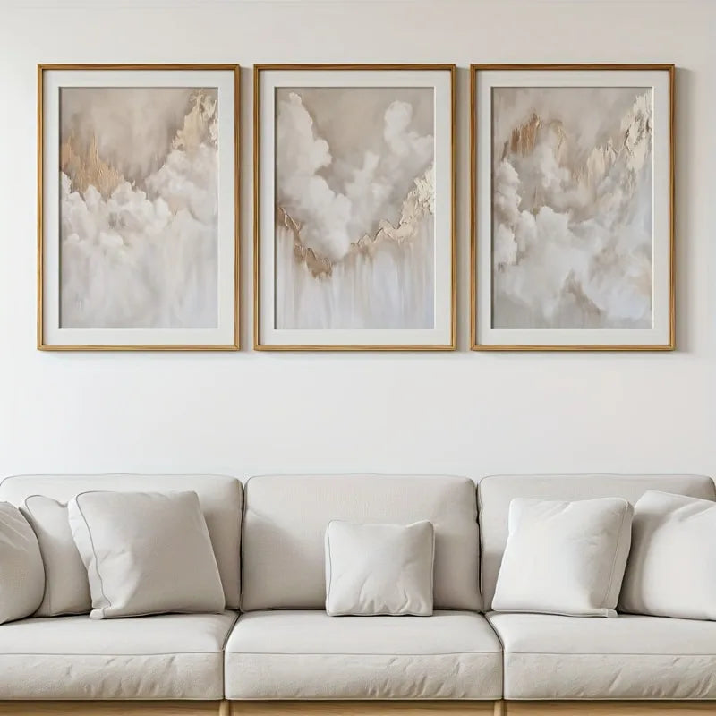 3pcs Beige Art Triptych Prints, Golden Cloud Abstract Modern Wall Art, Unframe Soft Tone Artwork, Romantic Art Poster Room Decor Peaceful Pleasures Health and Wellness