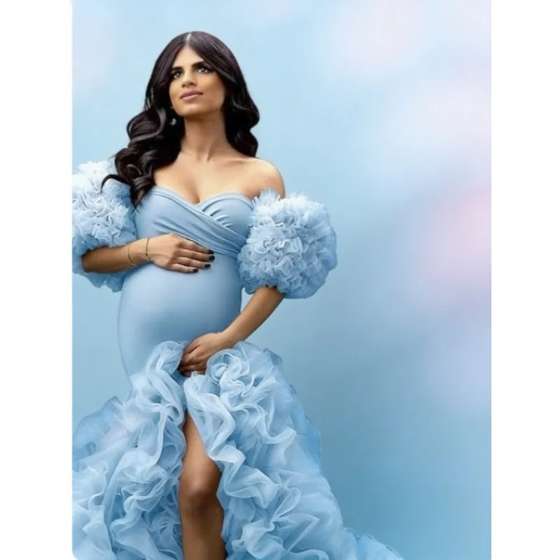 Soft Tulle Mermaid Maternity Gown - Off Shoulder Puffy Slit for Baby Shower & Pregnancy Photoshoot Dresses платье для беременных Peaceful Pleasures Health and Wellness SKY BLUE US 4