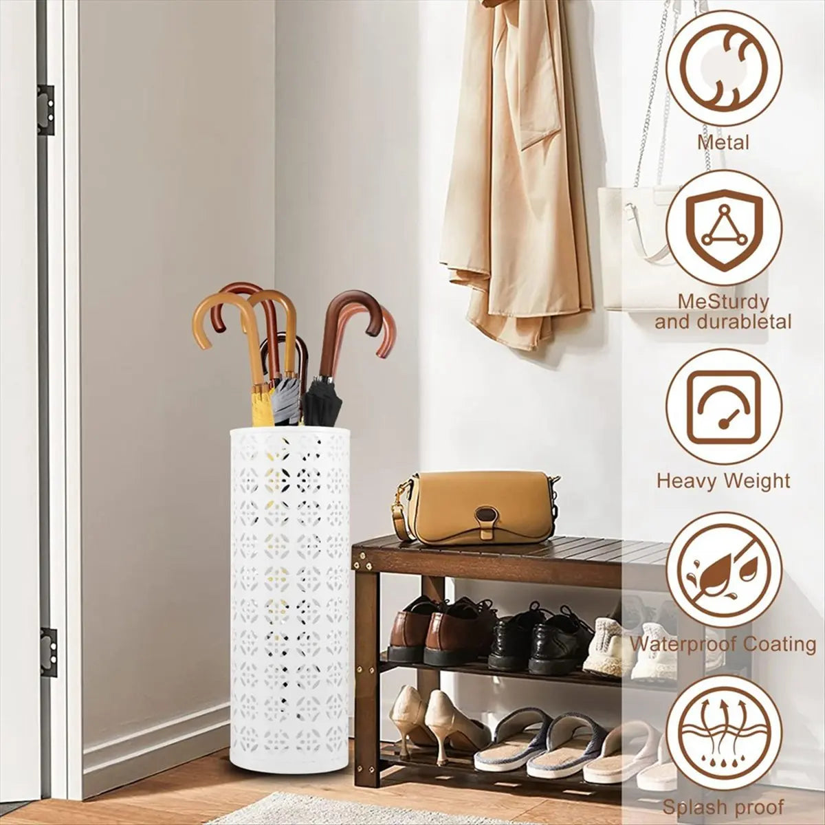 White Metal Umbrella Stand – Circular Freestanding Entryway Peaceful Pleasures Health and Wellness
