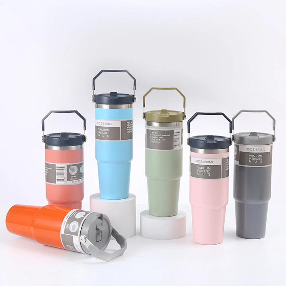 30OZ Portable Car Cup Stainless Steel Thermos Cup with Straw Travel Sports Water Bottle With Handle Cover Coffee Vacuum Flask Peaceful Pleasures Health and Wellness