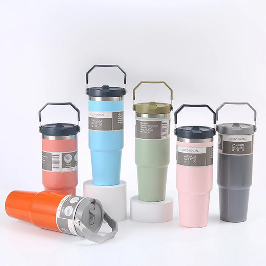 30OZ Portable Car Cup Stainless Steel Thermos Cup with Straw Travel Sports Water Bottle With Handle Cover Coffee Vacuum Flask Peaceful Pleasures Health and Wellness