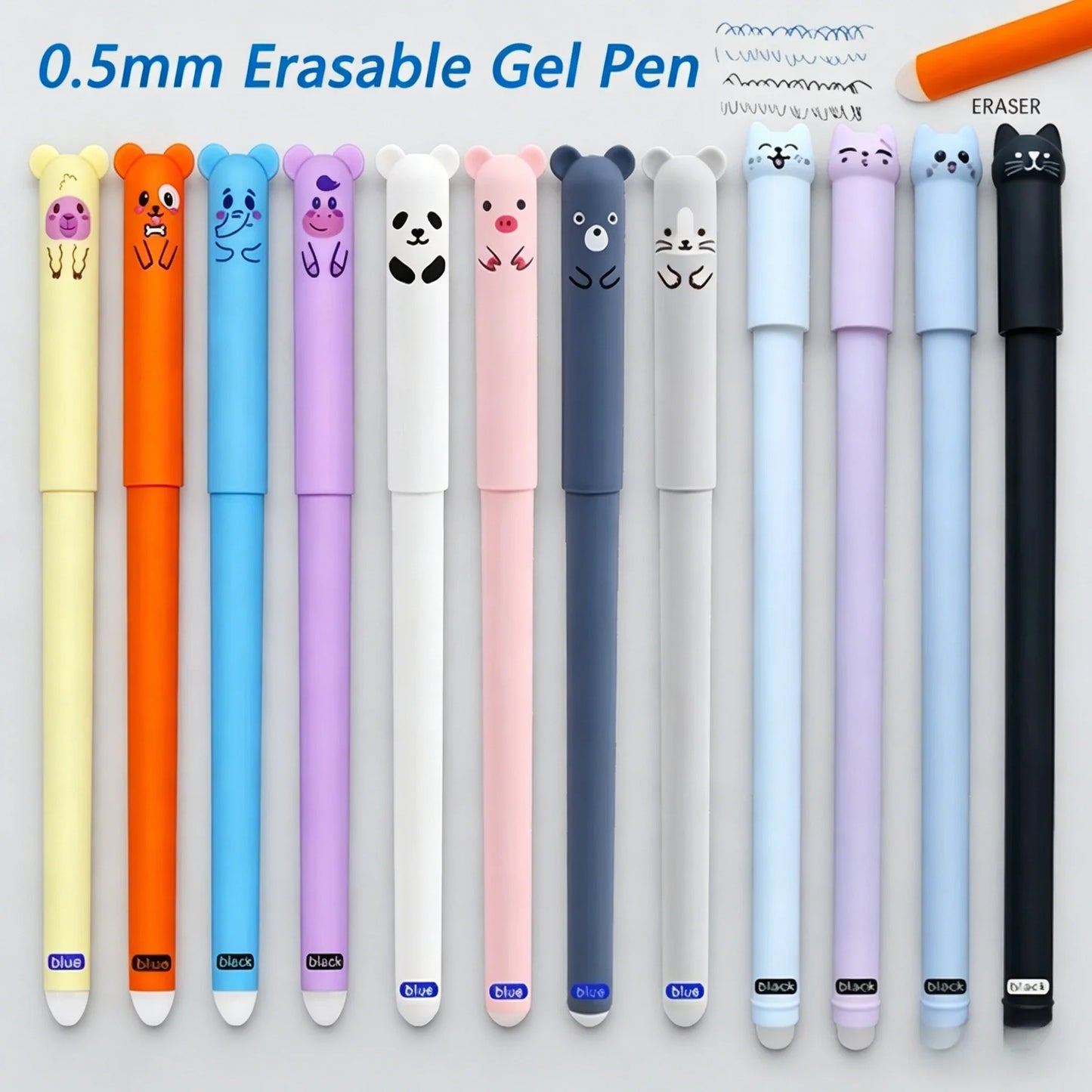 12-Pack Animal Erasable Gel Pens 0.5mm Blue & Black Ink