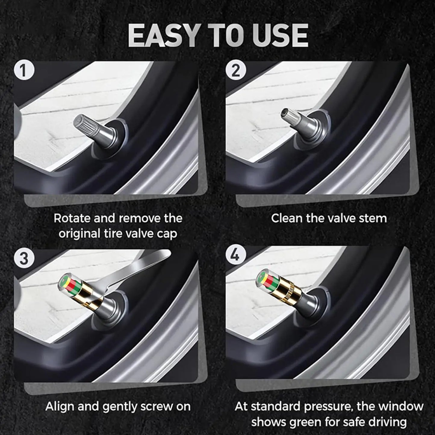 Tire Pressure Valve Stem Caps 4-Pack – Color Alert Indicator