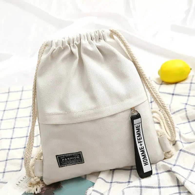 Canvas School Bag Double Shoulder Drawstring Backpack Pocket Portable