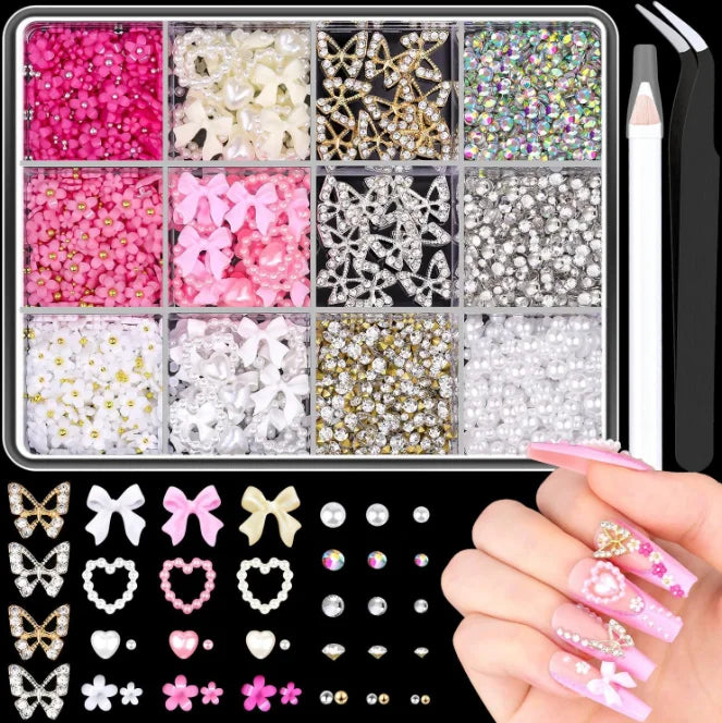 1 Box Multi Ribbon Bow Resin Nail Decoration Mixed Alloy Pearl Love