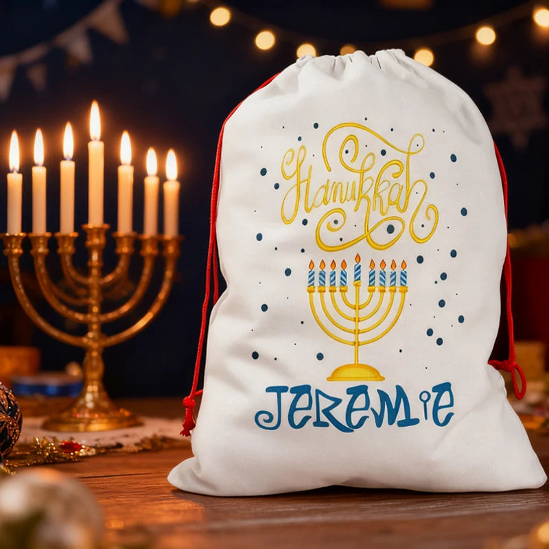 Personalized Hanukkah Drawstring Gift Bag | Gold Menorah Design Holiday Gift Bag Peaceful Pleasures Health and Wellness