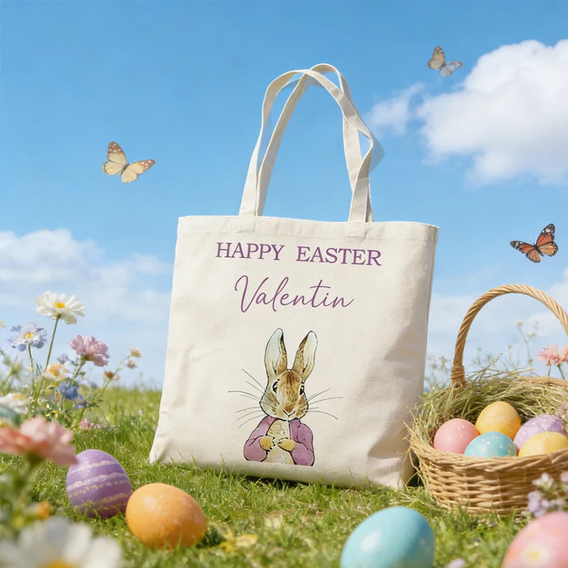 Personalized Easter Bunny Canvas Tote Bag for Kids | Egg Hunt Canvas Tote Bag Peaceful Pleasures Health and Wellness