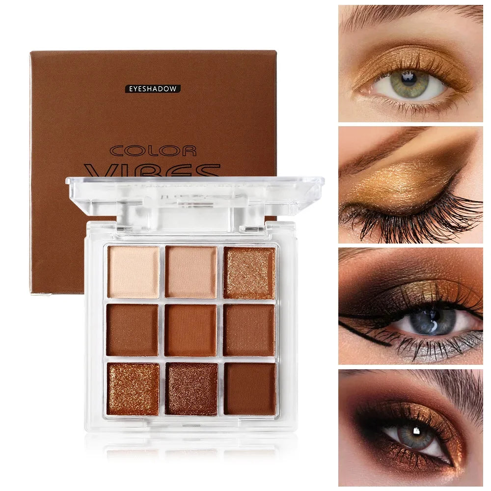 9-Color Red Brown Glitter Eye Shadow Palette | Shimmer & Matte