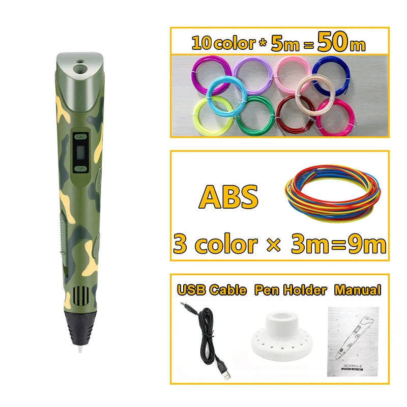 3D Pen 3D DIY Drawing Pen With LCD Screen Compatible PLA Filament Toys Safe 3D Pen for Children Kids Christmas Birthday Gift Peaceful Pleasures Health and Wellness Camouflage B China Mainland