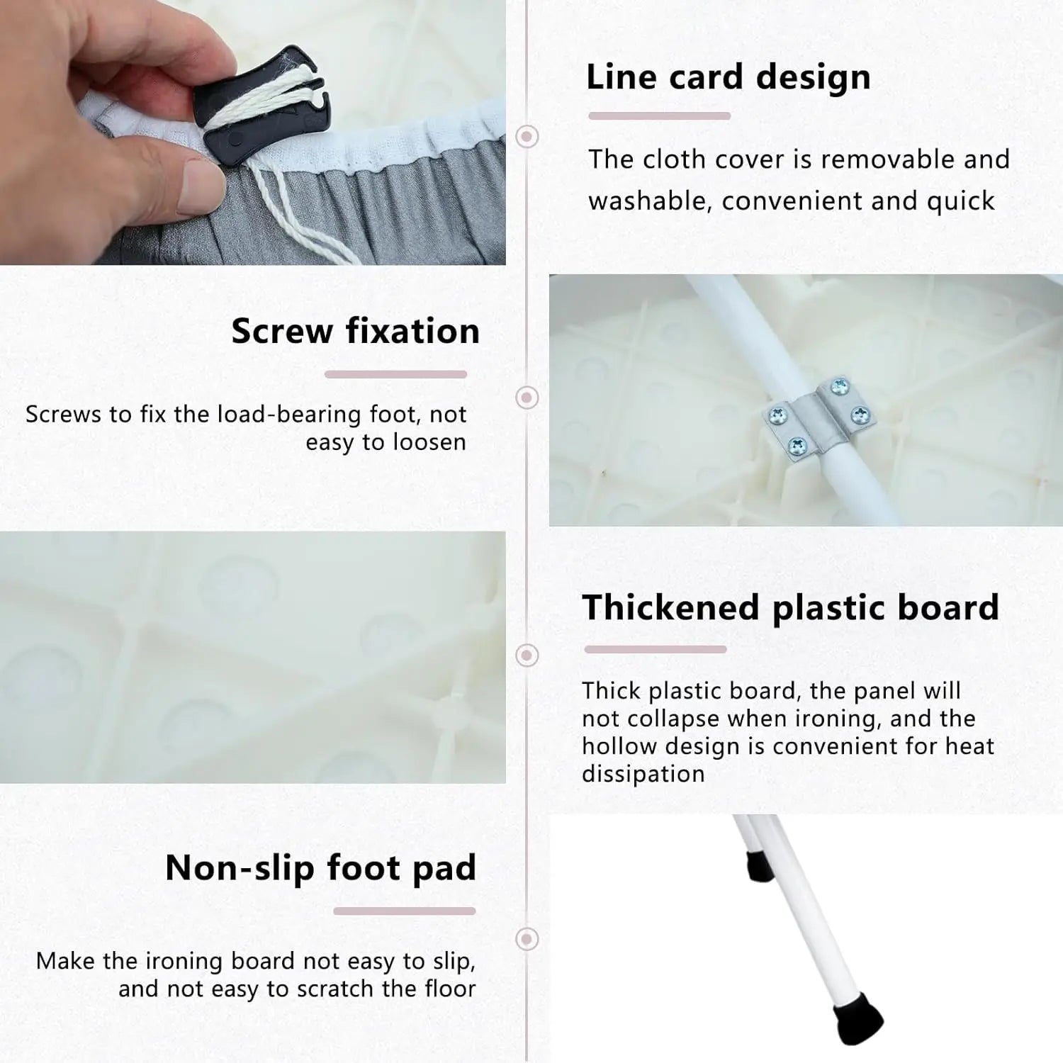 Ironing board with features highlighted on a white background