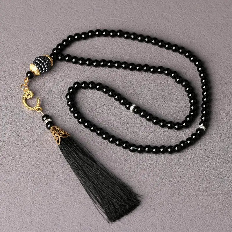 Islamic Prayer Beads 99Pcs 6MM Glass Pearls Rosary Necklace with Tassel for Muslim Spiritual Practice and Gifts Peaceful Pleasures Health and Wellness Black