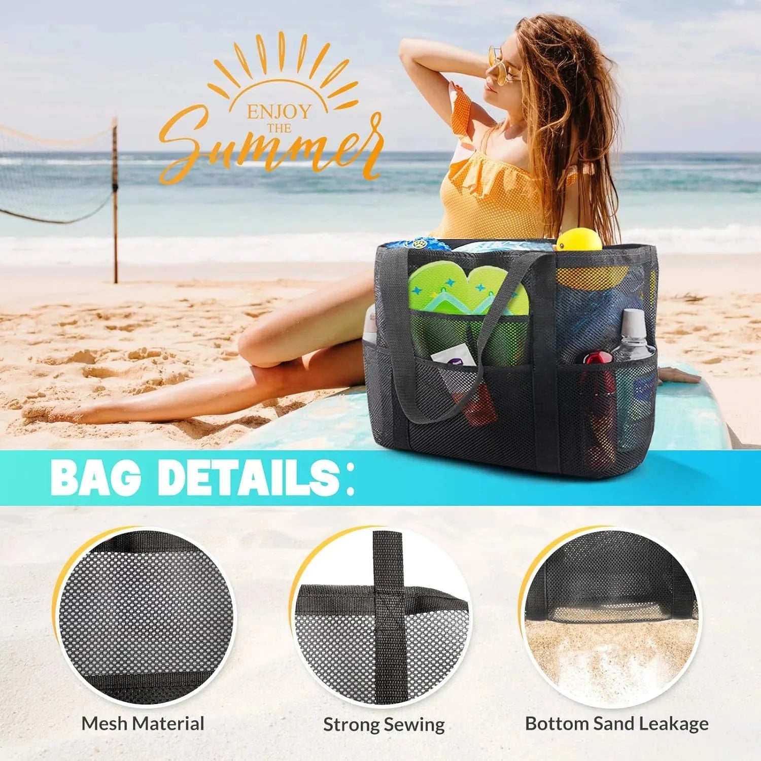 Mesh Beach Bag Large Initial Tote Bags Reusable Grocery Bags Foldable for Women Pool Swim Travel Vacation Essentials Peaceful Pleasures Health and Wellness