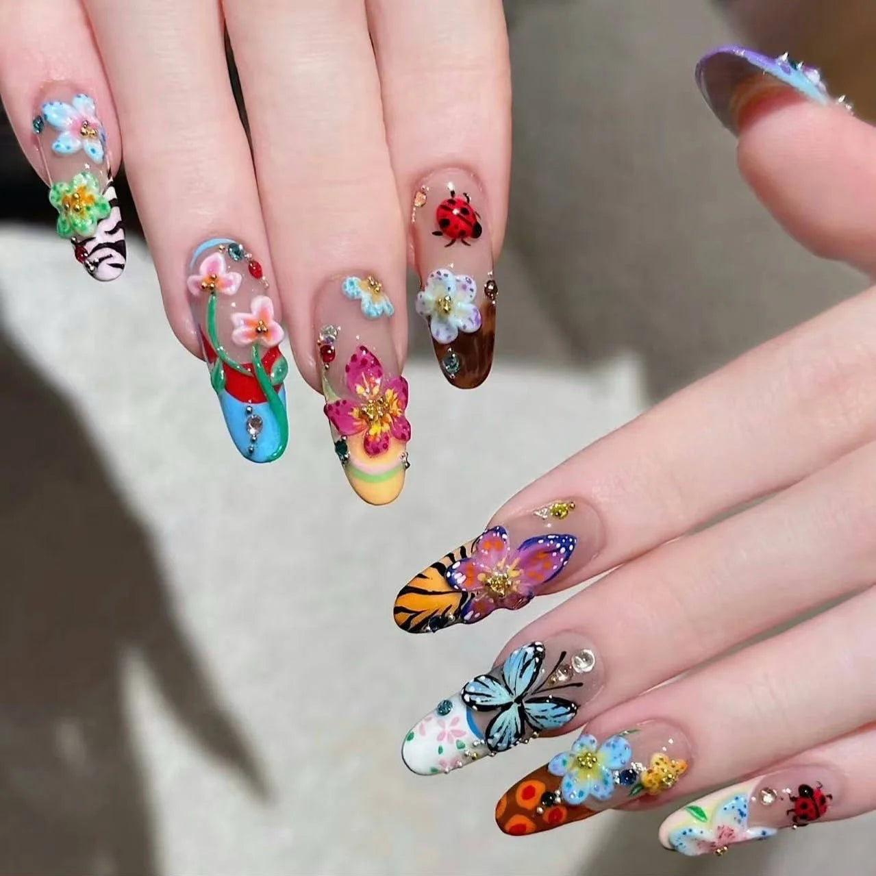 3D Floral Butterfly Press On Nails – Handmade Set of 10