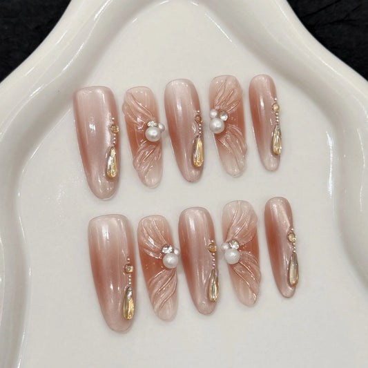 10pcs Handmade Press on Nails Sweet Pink Ballet Lady Fake Nail Tips Wearable Detachable Fashion Pearl Diamond Decor False Nails Peaceful Pleasures Health and Wellness S