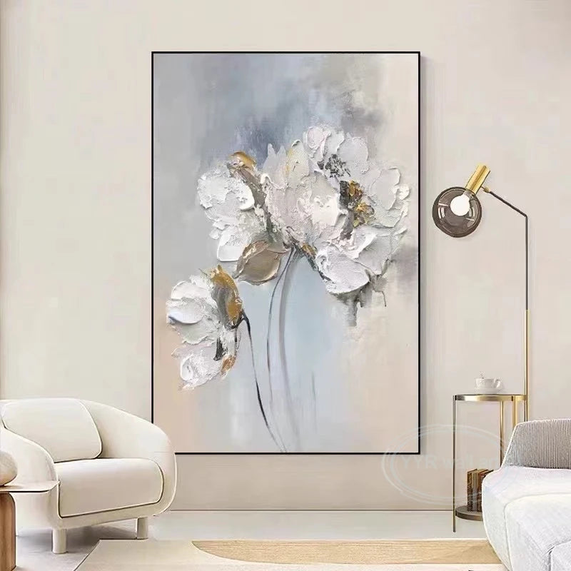 Abstract Thick Oil White Flower Handmade Oil Painting for Home Decoration For Bedroom, Dining Room, and Living Room Written Exam Peaceful Pleasures Health and Wellness No frame 100cmx200cm