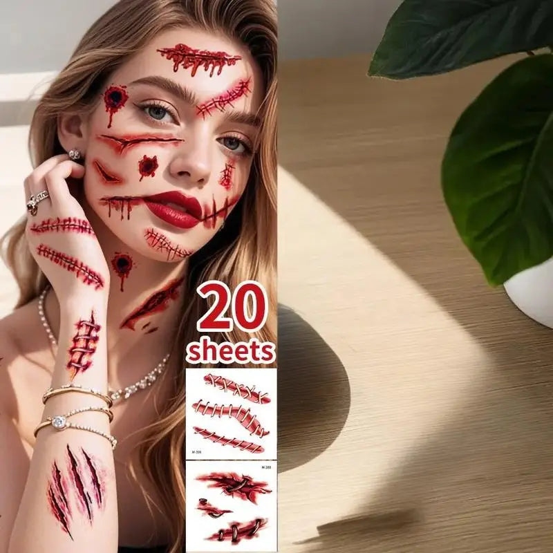 20 Sheets 3D Realistic Scar Tattoos - Waterproof Fake Bloody Wound Stickers For Halloween Cosplay Face & Body Makeup Adults Peaceful Pleasures Health and Wellness