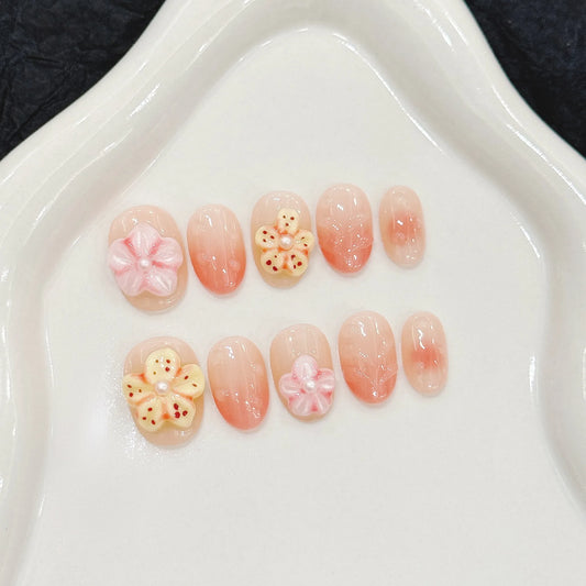 10pcs Handmade Short Press on Nails Cute 3D Flowers Decor Gradient Pink Fake Nails Wedding Lady Wearable Korean False Nail Tips Peaceful Pleasures Health and Wellness M 1
