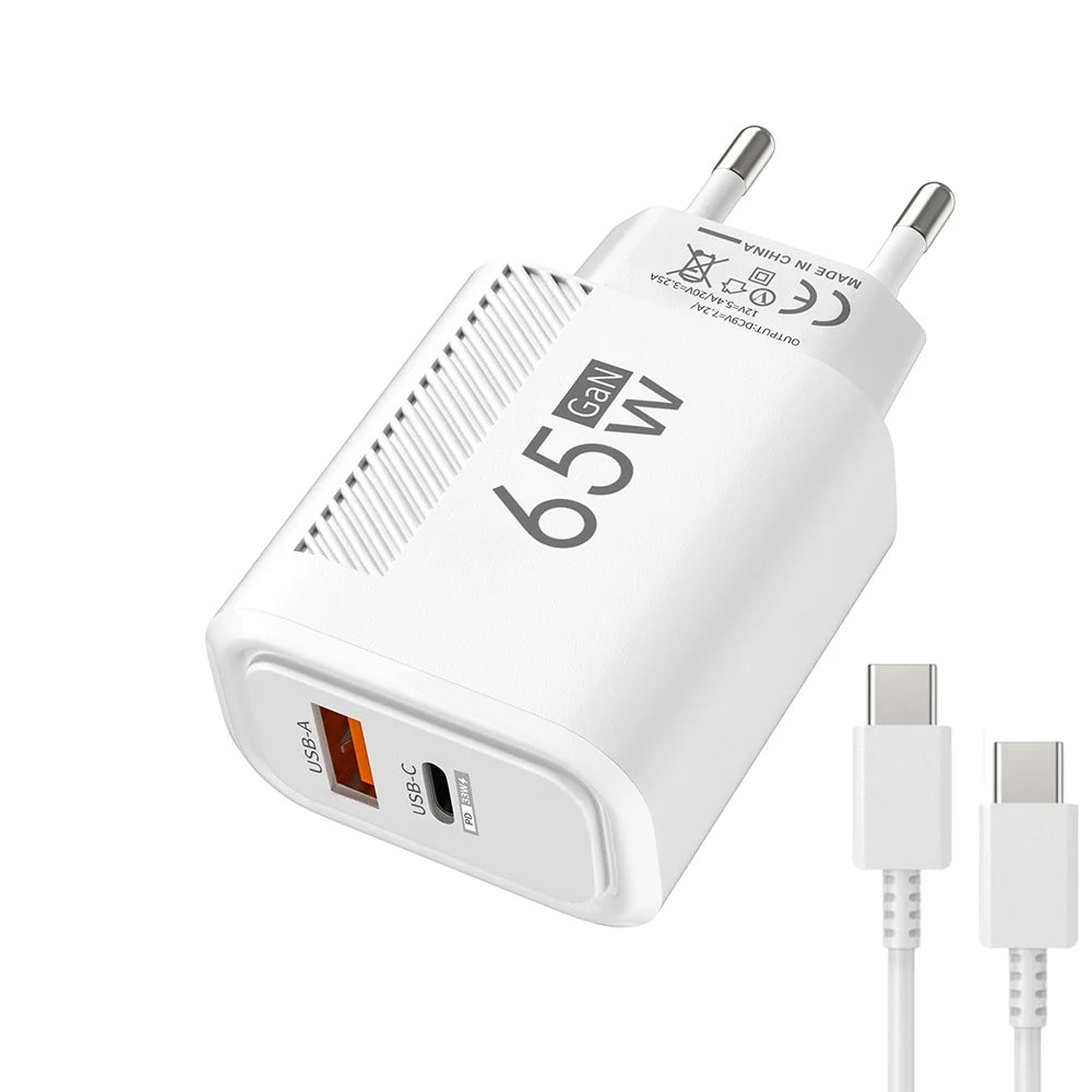 65W GaN Fast Charger PD QC3.0 Dual Port USB Wall Adapter EU US Plug Compatible with iPhone Samsung Xiaomi Tablets Travel Charger Peaceful Pleasures Health and Wellness EU White 1M Cable