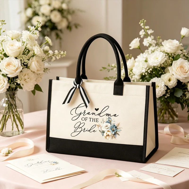 Grandma of the Bride Canvas Tote Bag | Blue Floral Wedding Gift