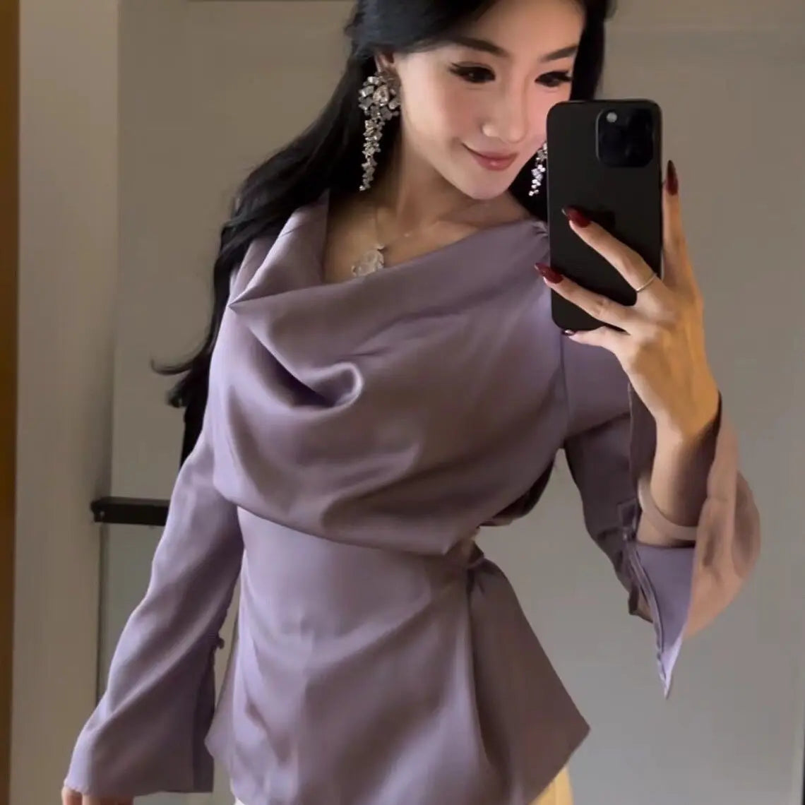 Women's Satin Flare Sleeve Blouse – Elegant Office Tunic Top