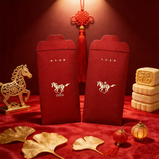2026 Year of the Horse Red Envelopes 6pcs | Lucky Hong Bao Holiday Gift Envelopes Peaceful Pleasures Health and Wellness