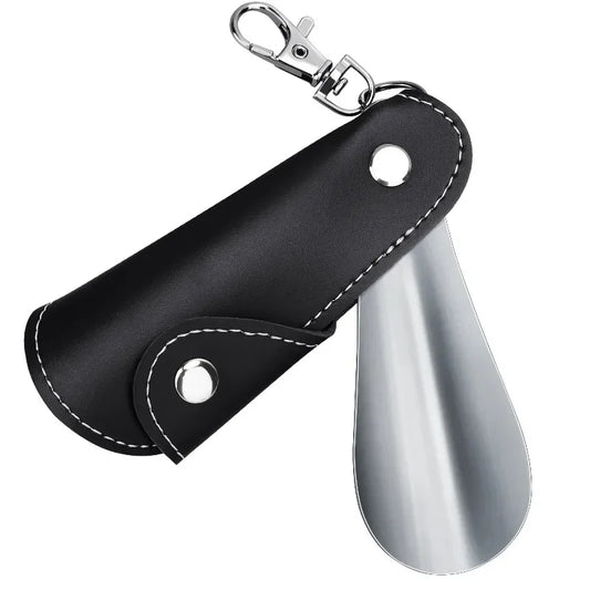Mini Metal Shoe Horn with Leather Handle & Keychain Clip Shoe Horn Peaceful Pleasures Health and Wellness