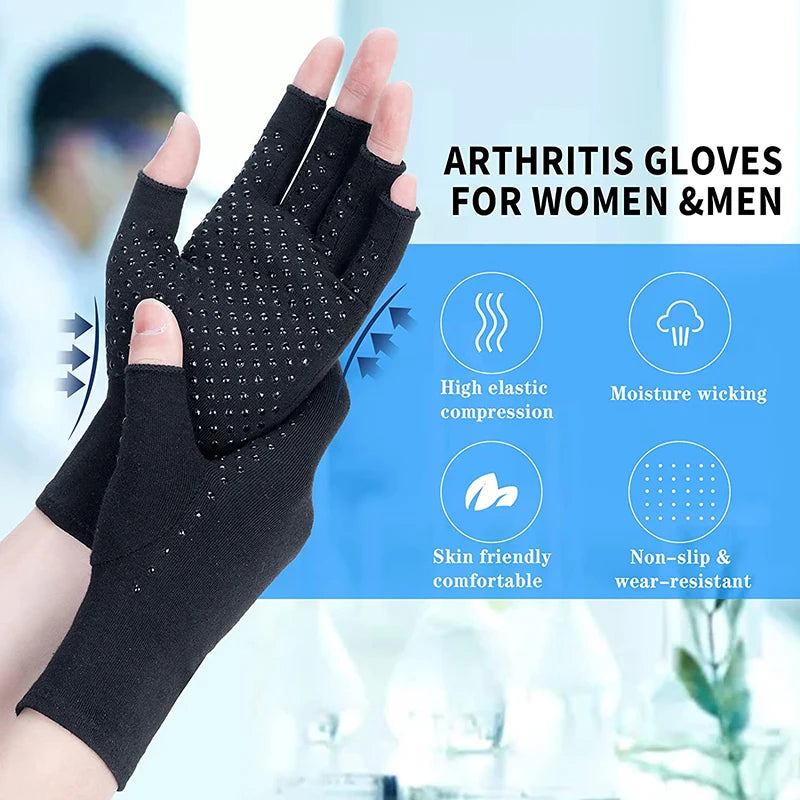 2pcs Black Half Finger Compression Gloves for Osteoarthritis Arthritic Joint Pain Relief Gloves Healthcare Gloves for Men Women Peaceful Pleasures Health and Wellness