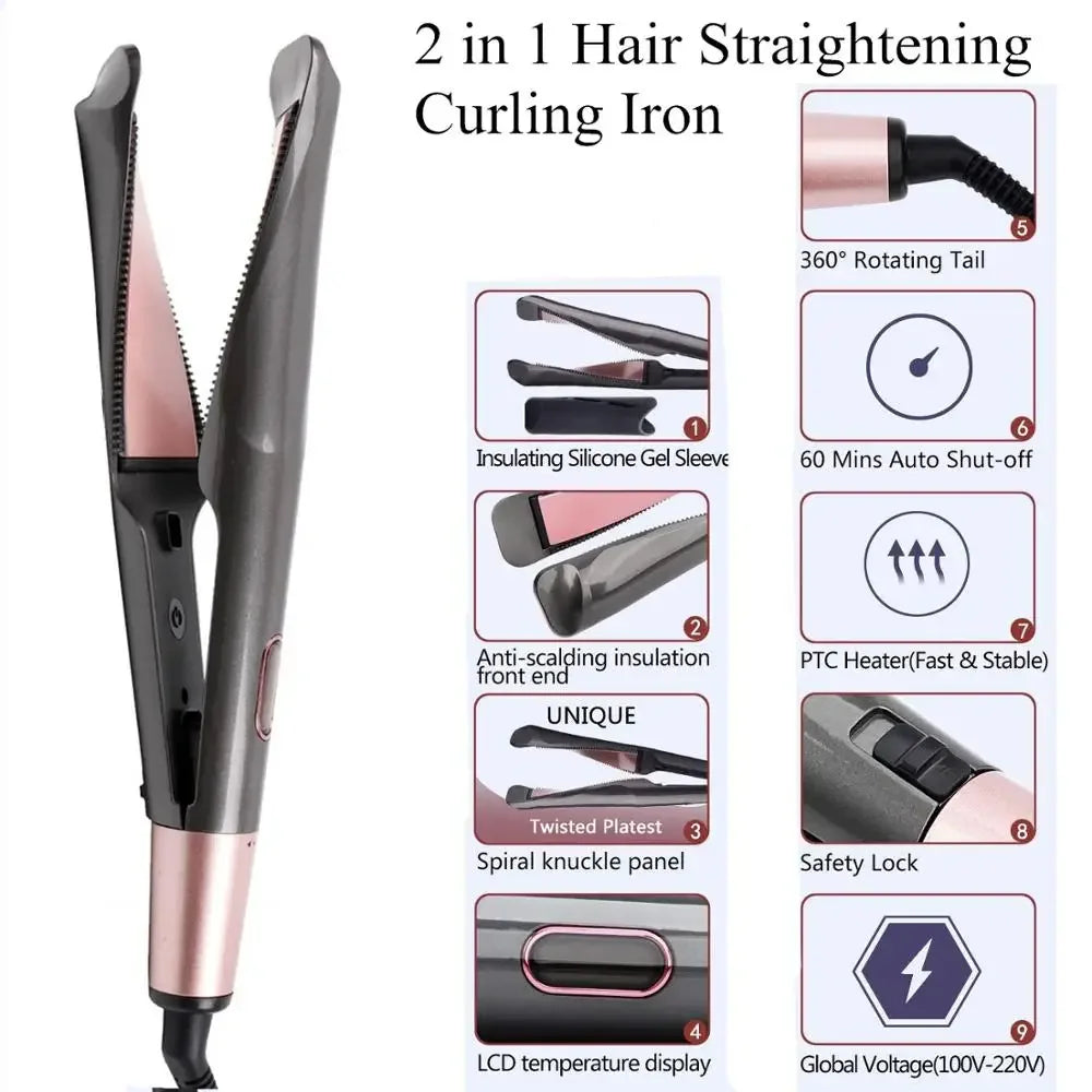 2 in 1 Hair Straightener And Curler Twist Straightening Curling Iron Professional Negative Ion Fast Heating Styling Flat Iron Peaceful Pleasures Health and Wellness