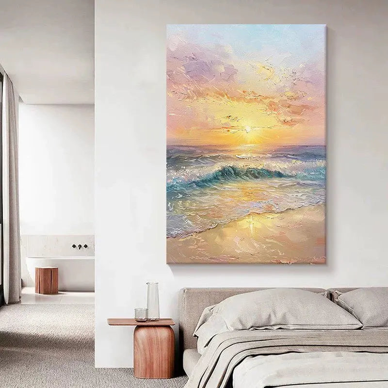 Mondern Abstract Sunrise Seaside Waves Picture For Home Wall Decor Handmade Oil Painting On Canvas Mural For Living Room Bedroom Peaceful Pleasures Health and Wellness