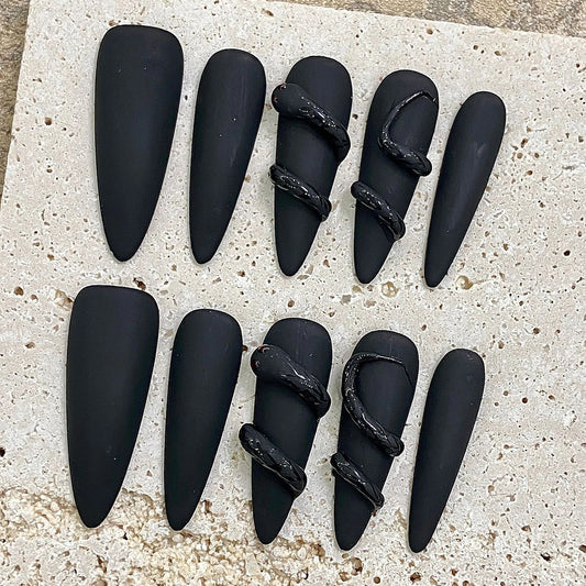 Matte Black 3D Almond Press On Nails – Punk Y2K Style 10pcs Press On Nails Peaceful Pleasures Health and Wellness