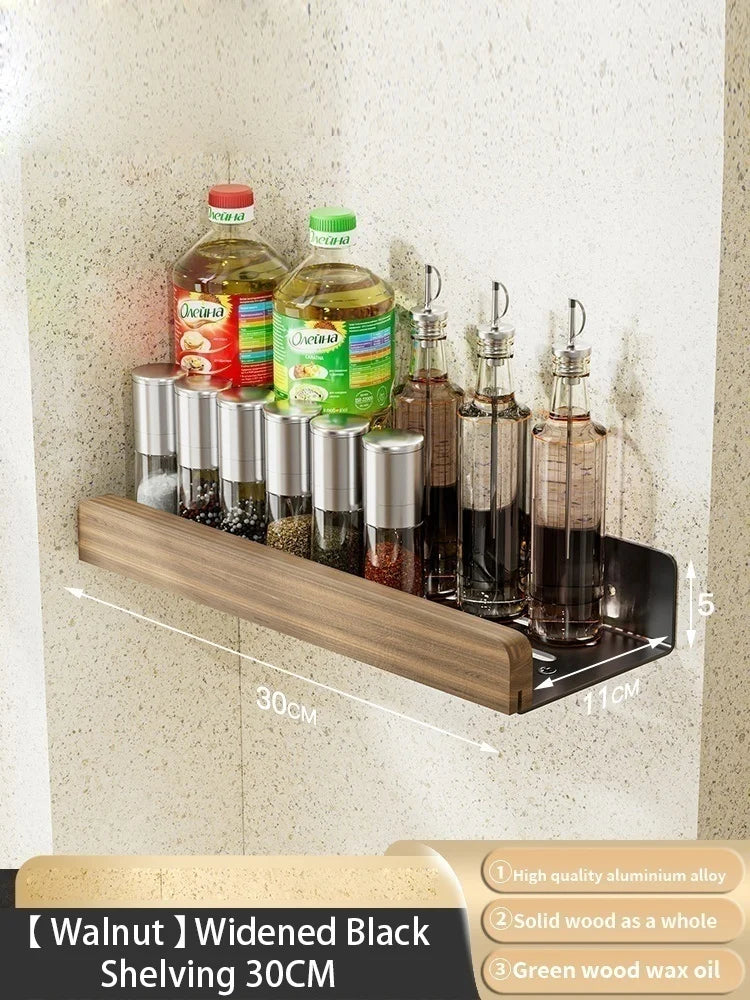 Wall-Mounted Wood & Aluminum Spice Rack with Hooks | Kitchen Organizer