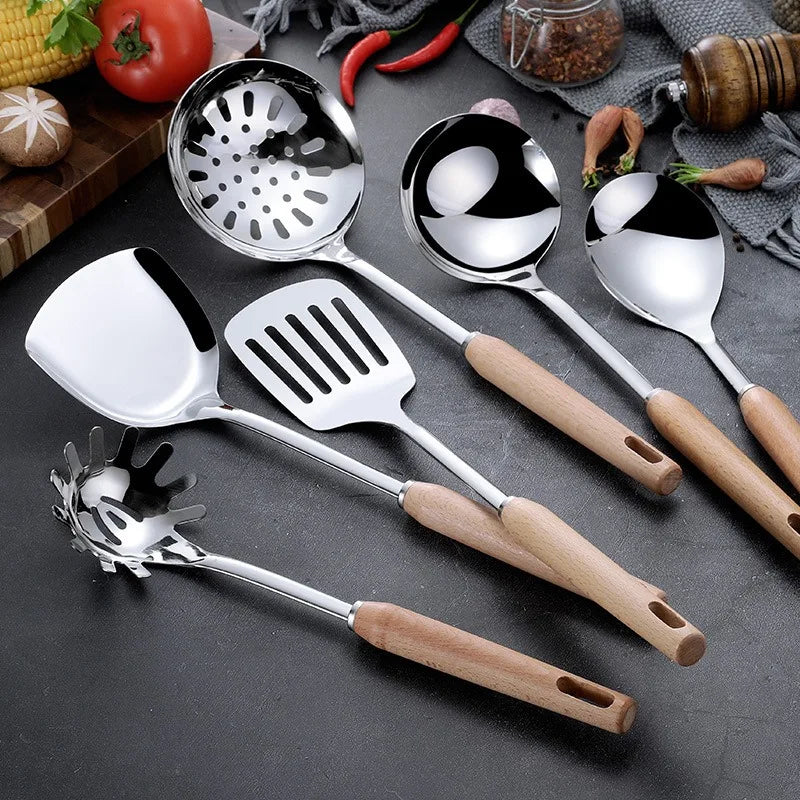 6-Piece Wooden Handle Stainless Steel Kitchen Utensil Set – Beech Wood Cooking Spoons & Spatulas