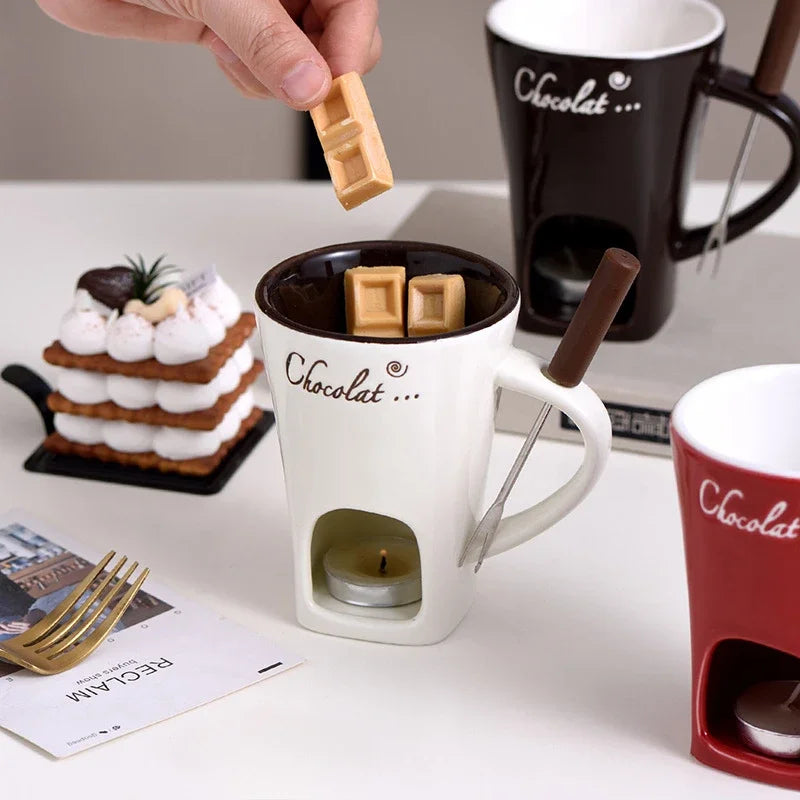 Personal Mini Ceramic Fondue Pot Mug Set – Chocolate & Cheese