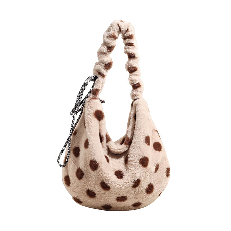 Korean Fashion Faux Fur Crossbody Bags for Women Trendy Large Capacity Sweet Polka Dot Versatile Tote Bag Fashionable Versatile Peaceful Pleasures Health and Wellness Khaki 38x32x3