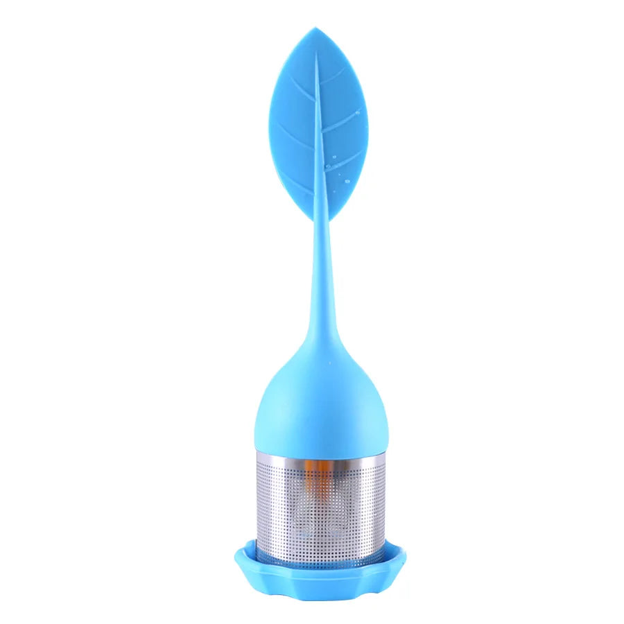 Tea Infuser - Stainless Steel Fine Mesh Tea Filter with BPA-Free Silicone Leaf Handle and Drip Tray for all Loose Leaf Tea Peaceful Pleasures Health and Wellness Blue